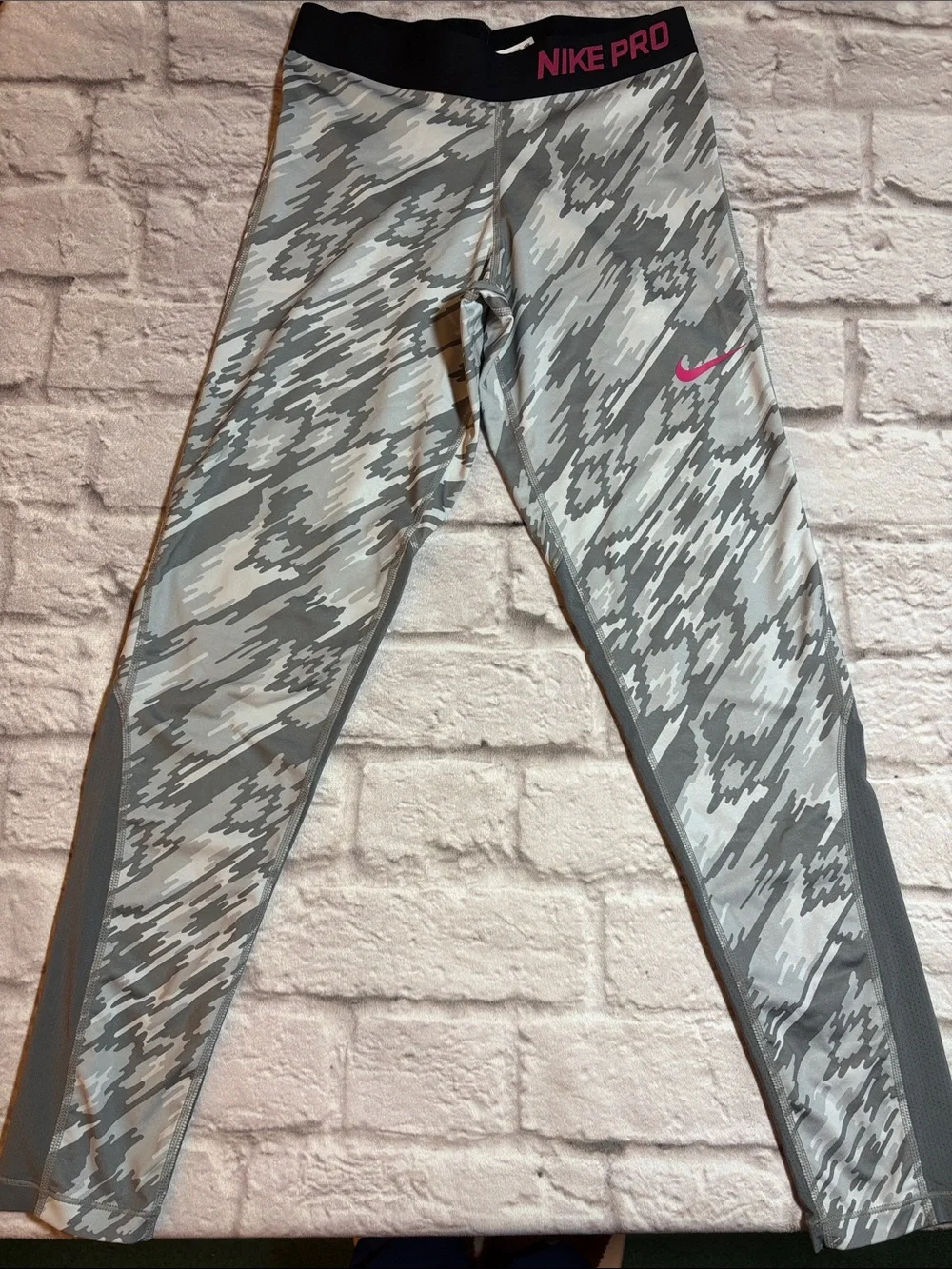 Nike Grey Camo Leggings with Pink Swoosh
